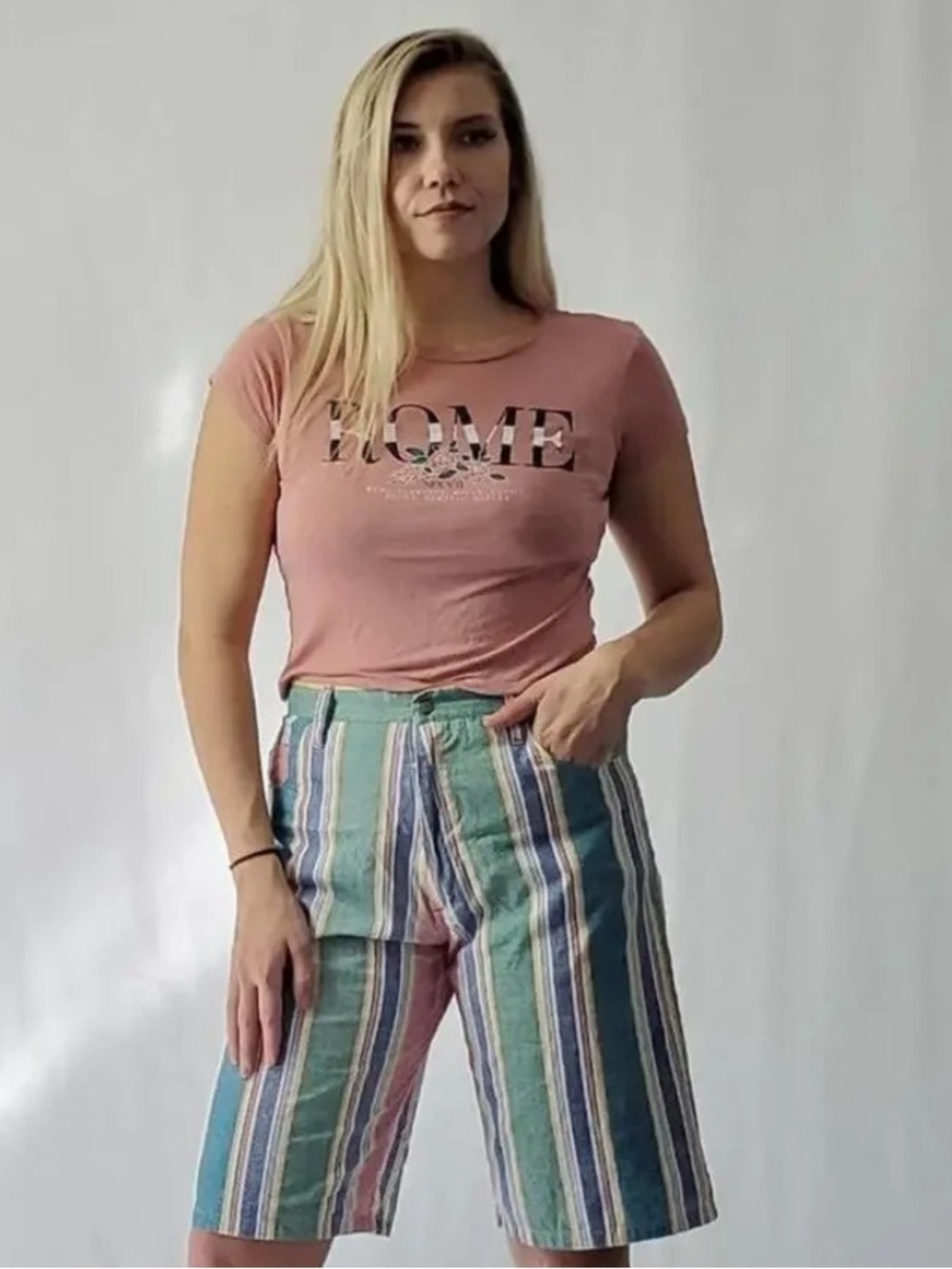 Vintage Multicolor Vertical Stripe Flat Front Shorts - Green, Blue & Pink